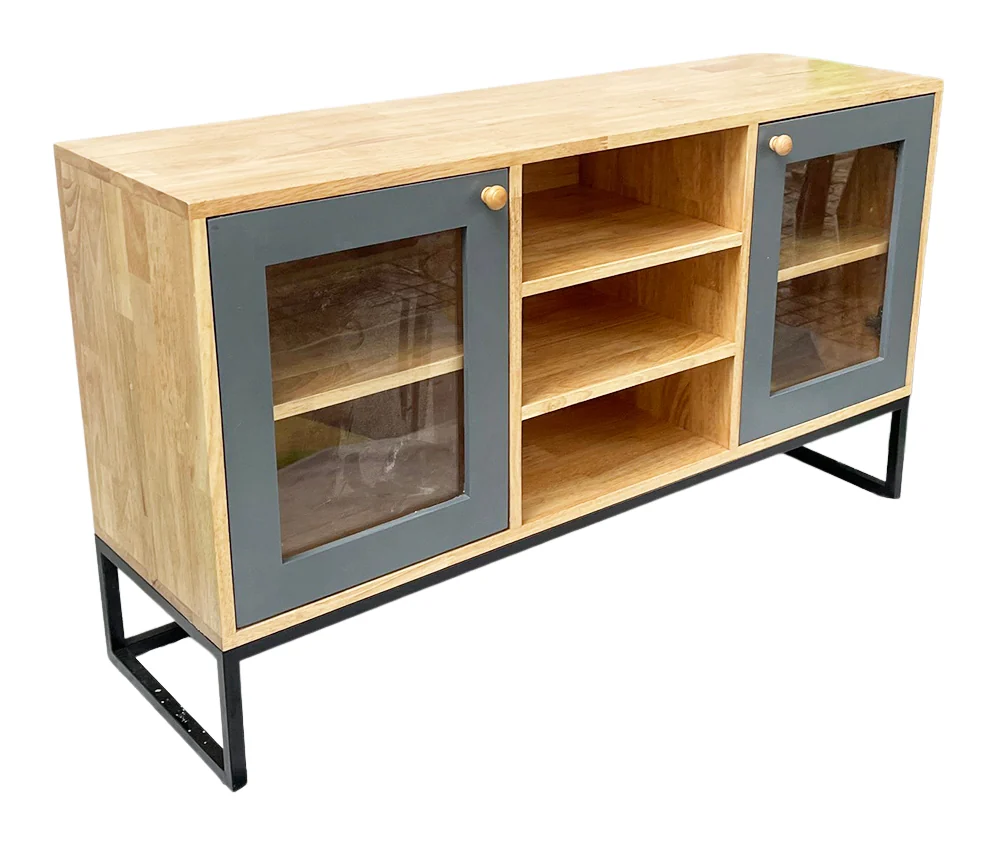 Tekkashop Tủ Trang Trí 2 Cửa Kính Kệ Mở Giữa Chân Sắt Gỗ Cao Su