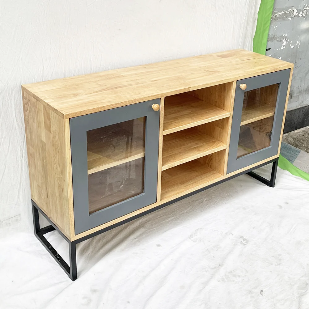 Tekkashop Tủ Trang Trí 2 Cửa Kính Kệ Mở Giữa Chân Sắt Gỗ Cao Su