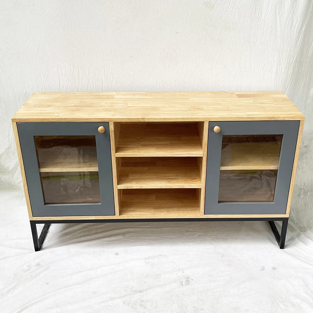 Tekkashop Tủ Trang Trí 2 Cửa Kính Kệ Mở Giữa Chân Sắt Gỗ Cao Su