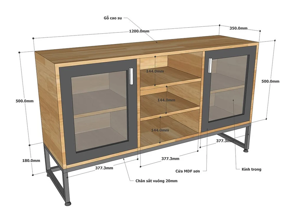 Tekkashop Tủ Trang Trí 2 Cửa Kính Kệ Mở Giữa Chân Sắt Gỗ Cao Su