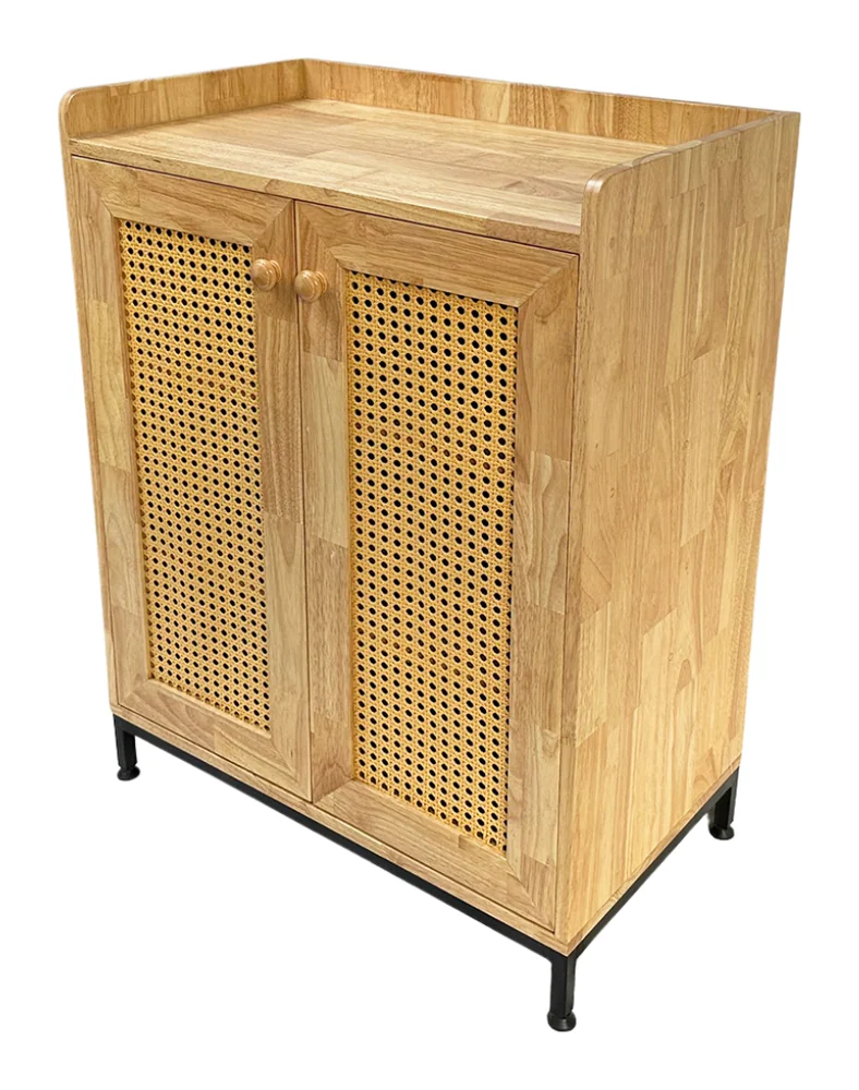 Tekkashop Tủ Trang Trí 2 Cửa Lưới Mây Chân Sắt Gỗ Cao Su