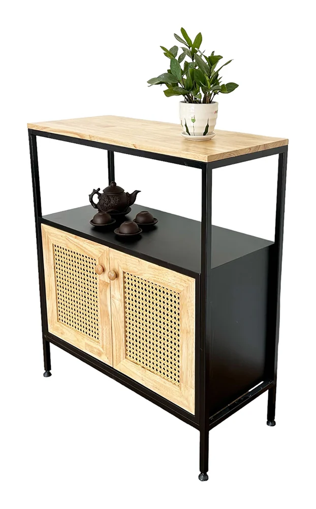 Tekkashop Tủ Trang Trí 2 Cửa Lưới Mây Kệ Trên Khung Sắt Gỗ Cao Su