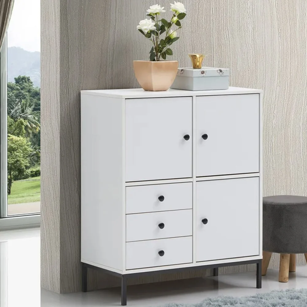 Tekkashop Tủ Trang Trí 3 Cửa 3 Ngăn Kéo Chân Sắt Gỗ Cao Su