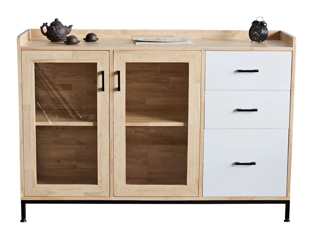 Tekkashop Tủ Trang Trí Cửa Kính 3 Ngăn Kéo Có Gờ Gỗ Cao Su