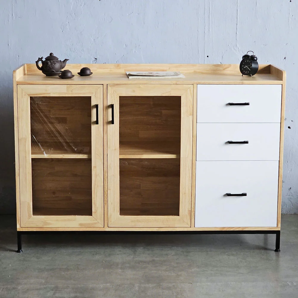 Tekkashop Tủ Trang Trí Cửa Kính 3 Ngăn Kéo Có Gờ Gỗ Cao Su