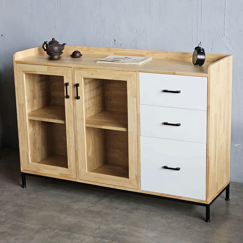 Tekkashop Tủ Trang Trí Cửa Kính 3 Ngăn Kéo Có Gờ Gỗ Cao Su