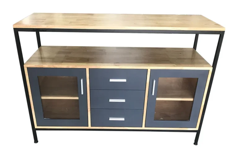 Tekkashop Tủ Trang Trí Cửa Kính 3 Ngăn Kéo Kệ Trên Khung Sắt Gỗ Cao Su