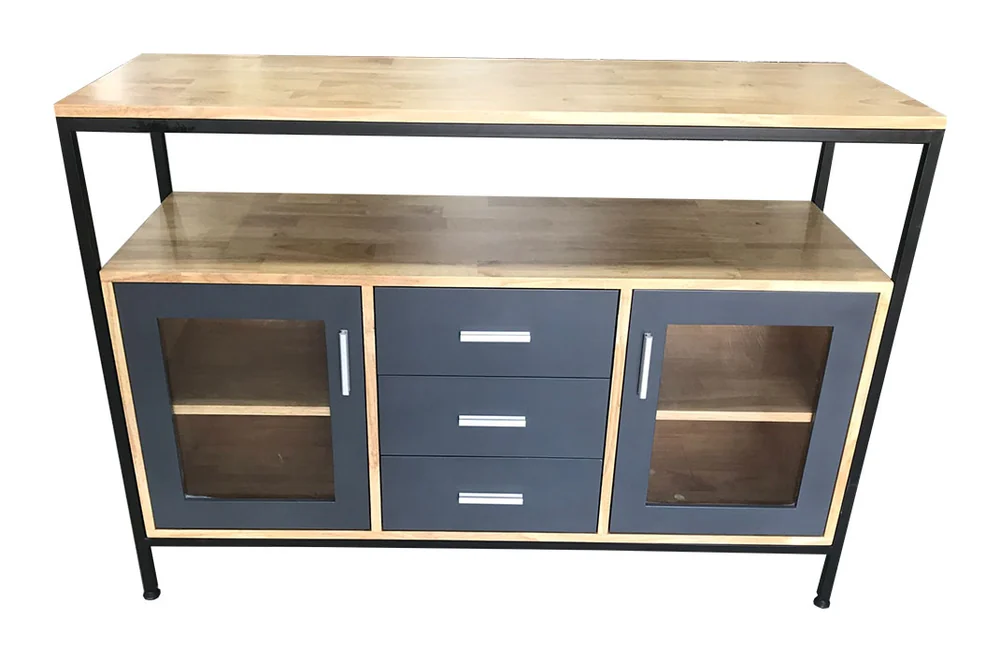 Tekkashop Tủ Trang Trí Cửa Kính 3 Ngăn Kéo Kệ Trên Khung Sắt Gỗ Cao Su