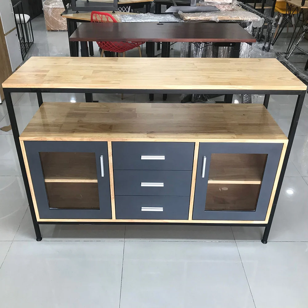 Tekkashop Tủ Trang Trí Cửa Kính 3 Ngăn Kéo Kệ Trên Khung Sắt Gỗ Cao Su