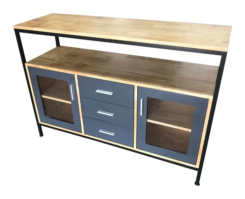 Tekkashop Tủ Trang Trí Cửa Kính 3 Ngăn Kéo Kệ Trên Khung Sắt Gỗ Cao Su