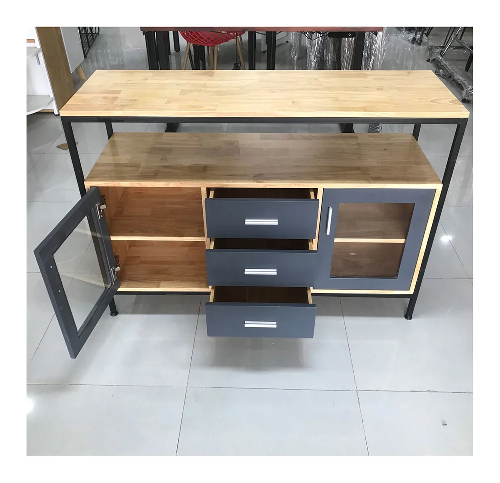 Tekkashop Tủ Trang Trí Cửa Kính 3 Ngăn Kéo Kệ Trên Khung Sắt Gỗ Cao Su