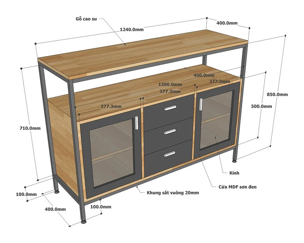 Tekkashop Tủ Trang Trí Cửa Kính 3 Ngăn Kéo Kệ Trên Khung Sắt Gỗ Cao Su