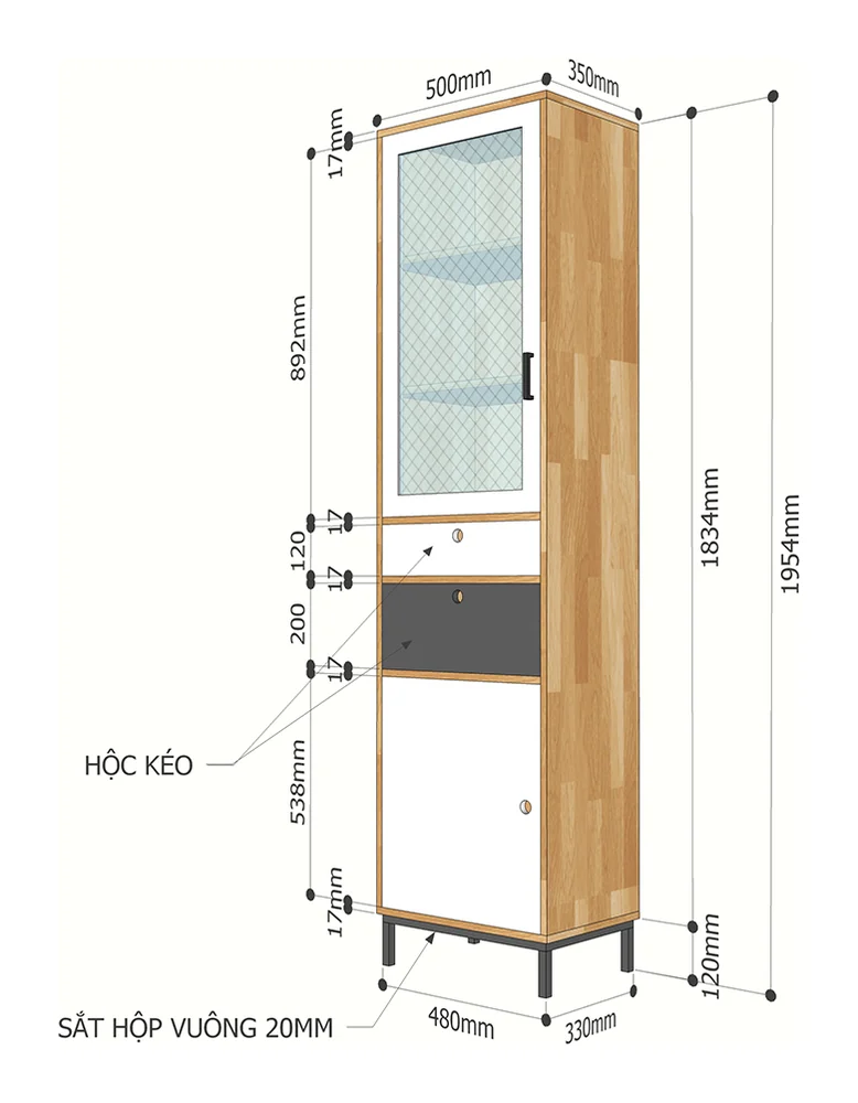Tekkashop Tủ Trang Trí Nhỏ Gọn Cửa Kính Chân Sắt Gỗ Cao Su