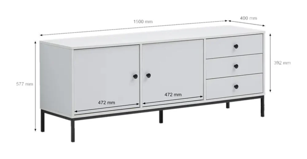 Tekkashop Tủ Trang Trí Thấp 2 Cửa 3 Ngăn Kéo Chân Sắt Gỗ Cao Su