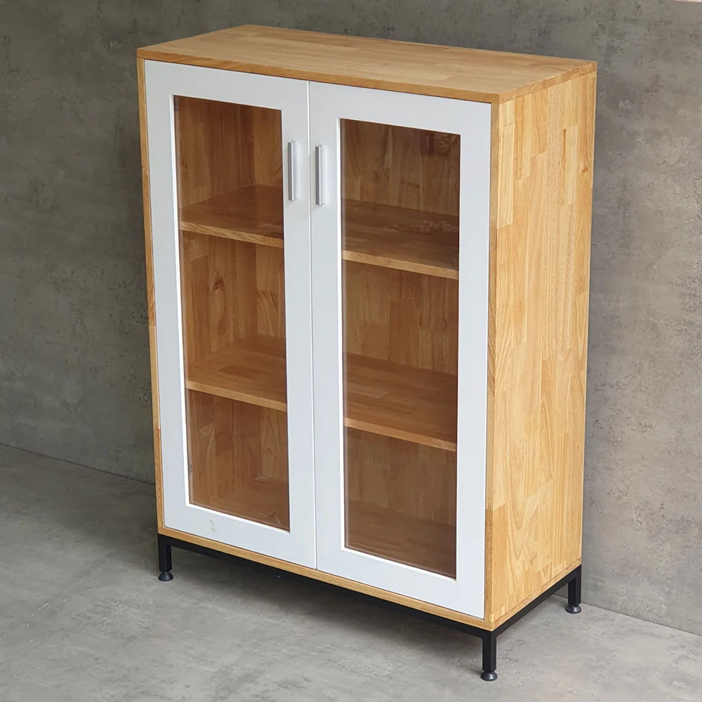Tekkashop Tủ Trưng Bày 2 Cửa Kính 3 Tầng Chân Sắt Gỗ Cao Su