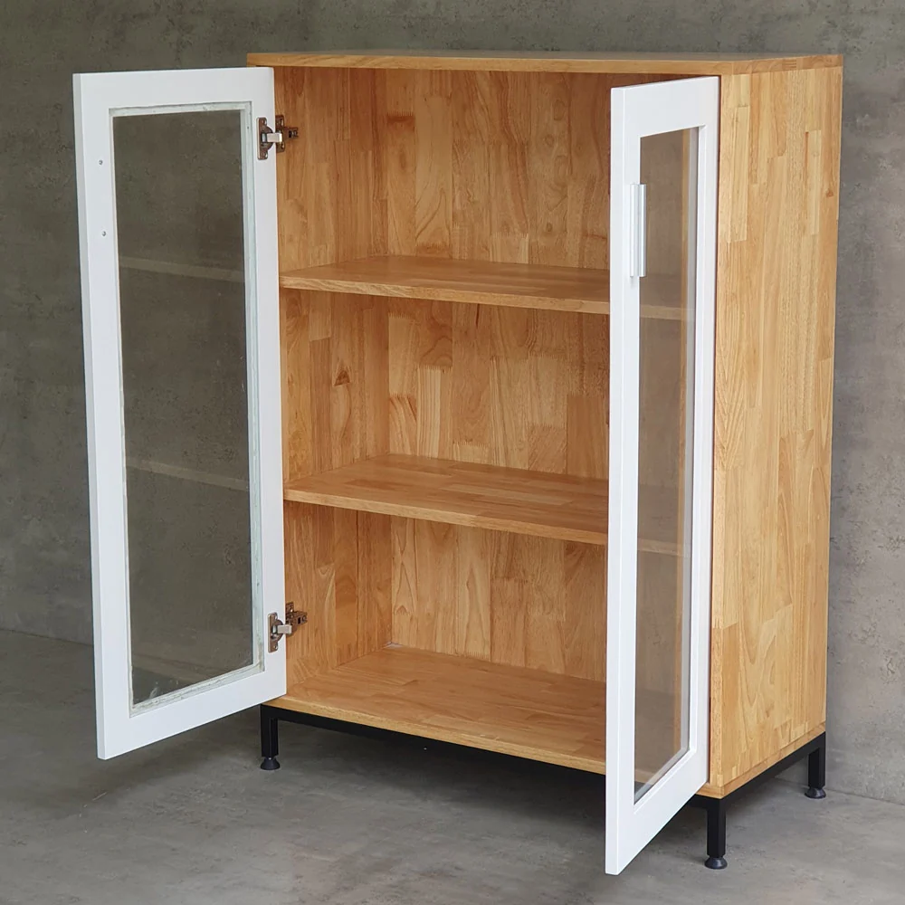 Tekkashop Tủ Trưng Bày 2 Cửa Kính 3 Tầng Chân Sắt Gỗ Cao Su