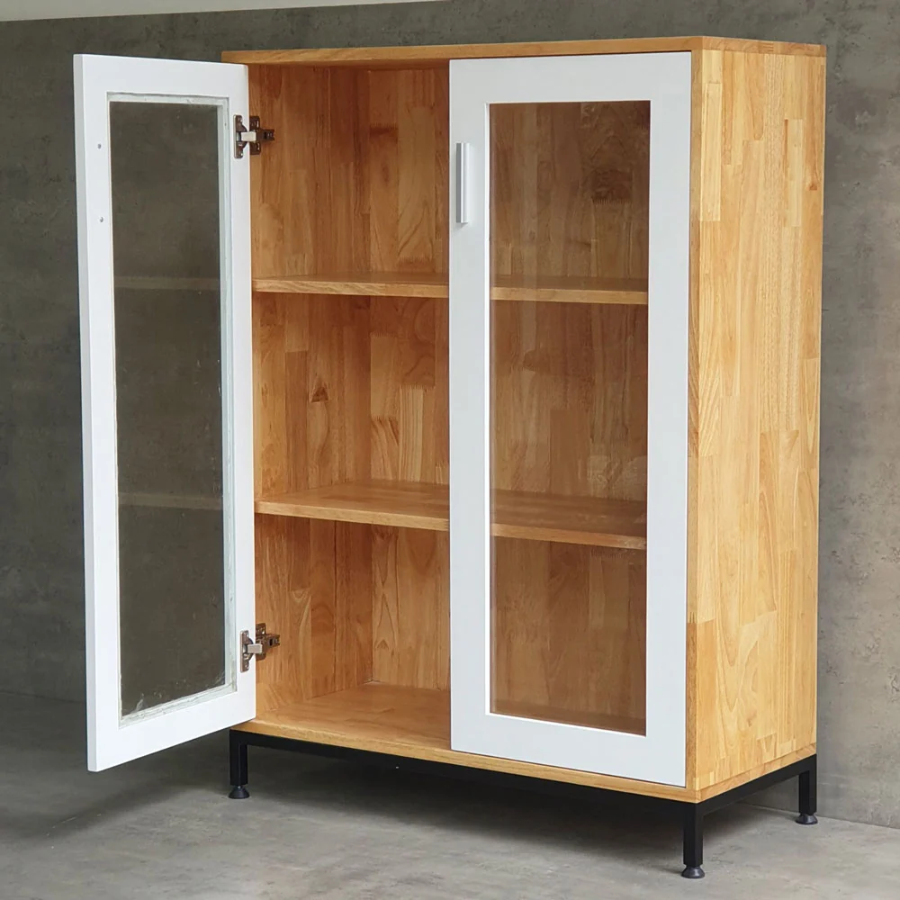 Tekkashop Tủ Trưng Bày 2 Cửa Kính 3 Tầng Chân Sắt Gỗ Cao Su
